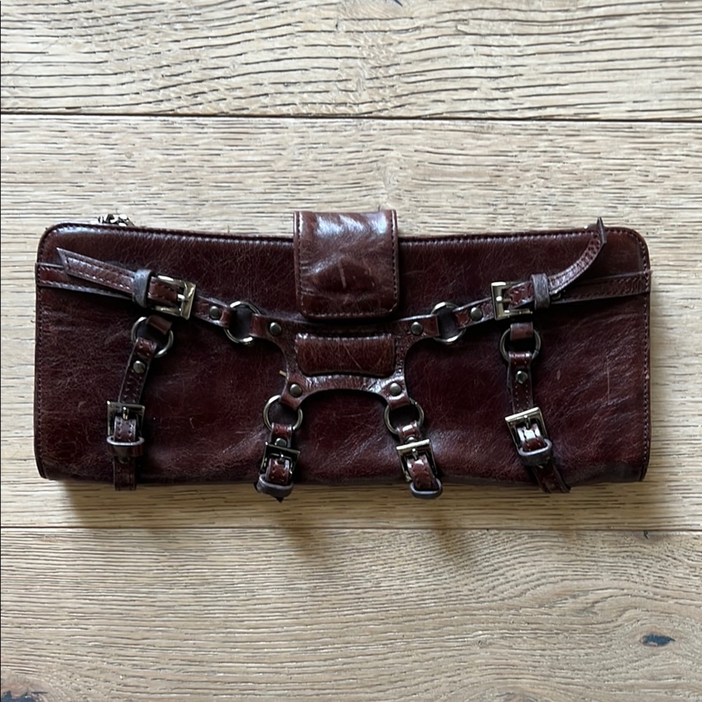 Brown Leather Clutch with Buckle Accents